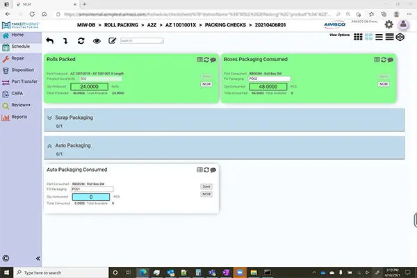 AIMSCO eChecksheet™ Production Tracking.